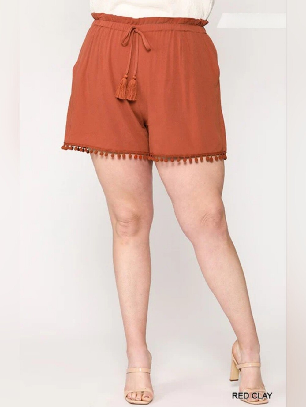EUC Gigio "Tassel Tie🎀 Pom Pom Trim Shorts w/Pockets🤗" in "Red❤️Clay🧡" Medium
